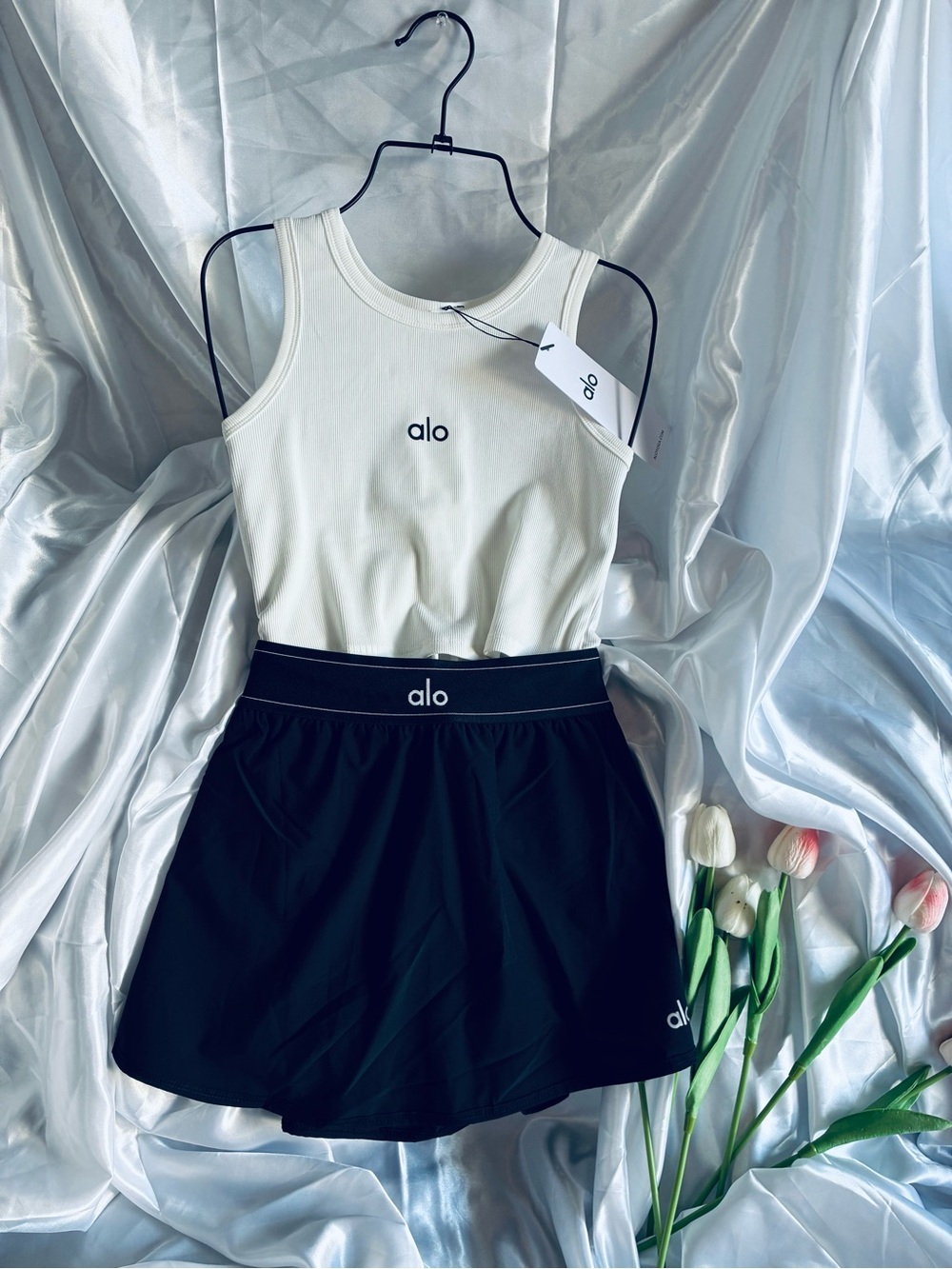 ALO Yoga Black Athletic Skirt with White Tank